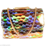 Multi-colored glittery iridescent textured fabric, gold chain accent, small clutch handbag