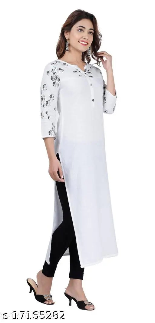 Rayon three-quarter sleeve white printed straight kurti by Sapna, trendy and comfortable for women's ethnic wear