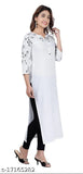 Rayon three-quarter sleeve white printed straight kurti by Sapna, trendy and comfortable for women's ethnic wear