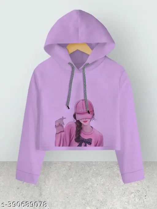 Pink cotton blend crop top hoodie for girls and kids, printed net pattern, long sleeves on display stand