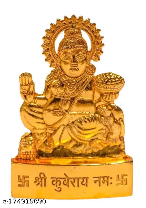 Gold plated Lord Kuber Murti statue, intricately-detailed Indian god idol on pedestal