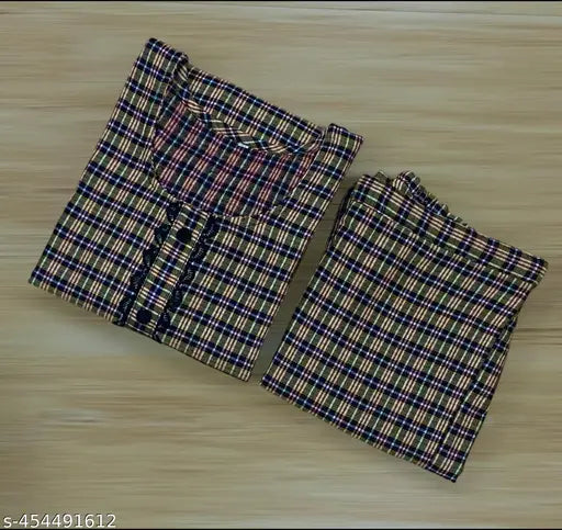 Woolen kurti set for women and girls in three-quarter sleeves, checkered pattern. Wool fabric, palazzo bottoms. Women's fashion clothing, Indian handcrafted apparel