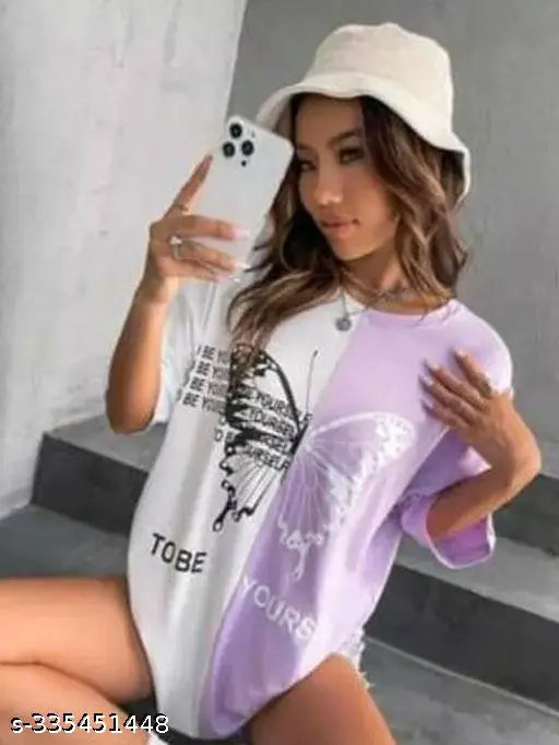 Women's stylish design new trend round neck half sleeve colorblock butterfly print oversized t-shirt