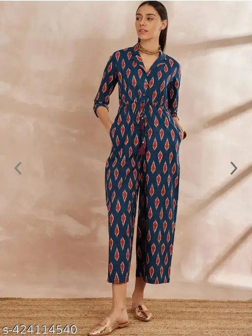 IKKAT blue rayon short-sleeved jumpsuit with printed pattern, vibrant Indian fashion on model