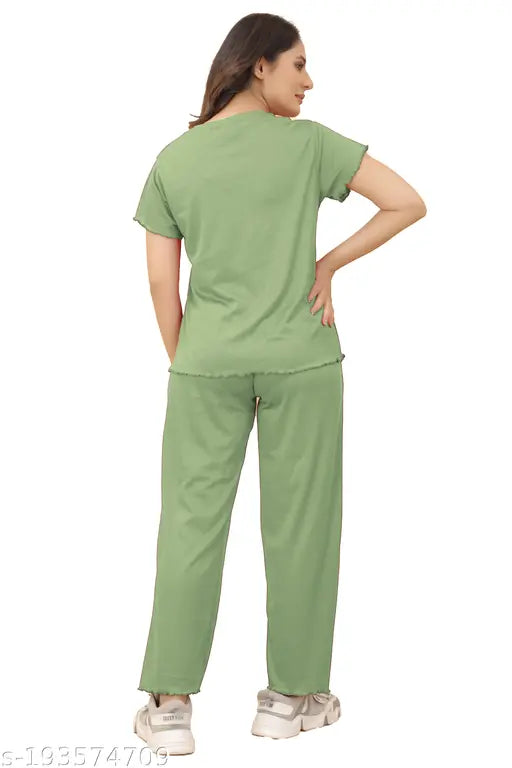 Cotton blend girls & women's short-sleeved regular nightsuit in Pista color - soft, breathable, and vibrant for comfortable nighttime style