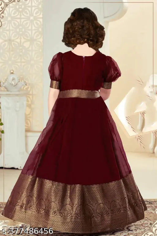 Girls net maxi dress, embroidered, festive wedding wear, three-quarter sleeves, India