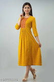 Yellow rayon anarkali with printed combo, three-quarter sleeves for women, Indian fashion wear