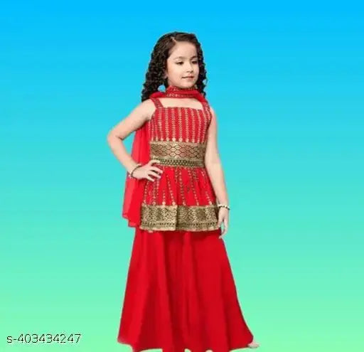 Tinkle Funky Girls Kurta Suit Set - Crepe material, A-line top & palazzos bottom, embroidered pattern, children's girls fashion set (Indian girls clothing)