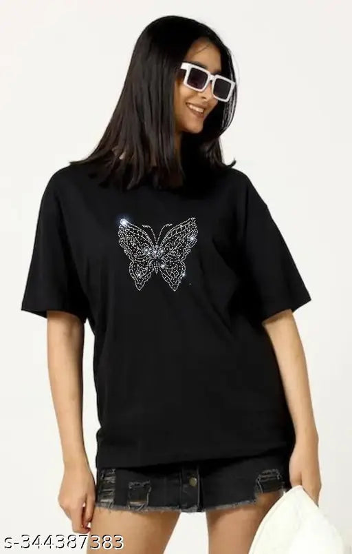 Women's oversized black t-shirt with sequins, loose long fit, perfect for parties, drop shoulder style