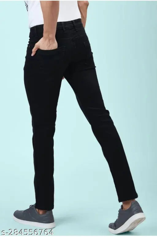 Black cotton men's jeans, plain style with flaying design. Size 28/30/32/34/36 inches waist, hip, and length. Made in India