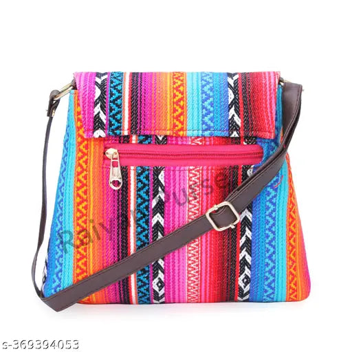 Colorful, vibrant, crossbody sling bag with multiple pockets and straps