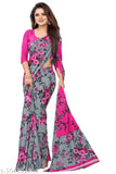 Printed saree with floral patterns and a matching pink border