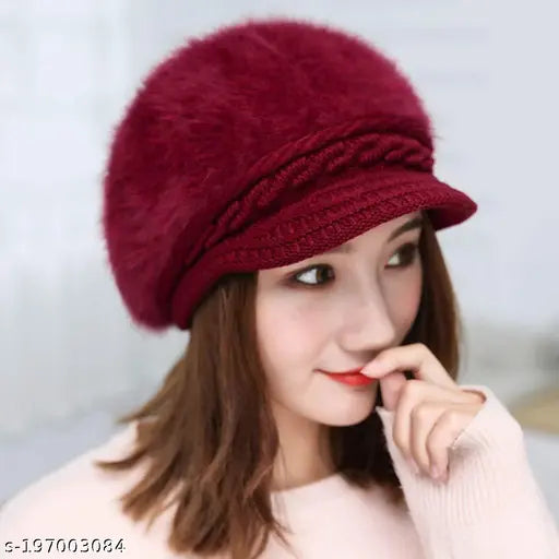 Maroon velvet beanie cap for women with fur inside, visor pack of 2