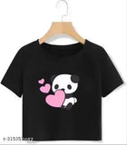 Black love panda print crop top, full sleeve design for girls. Cotton blend material, half sleeves, perfect for casual wear." (106 characters)