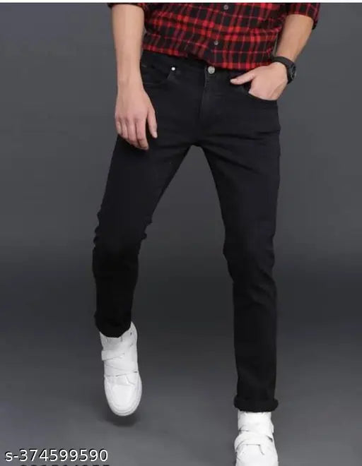 Men's basic black denim jeans, slim fit, solid pattern, sizes 28, 30, and 32. India origin