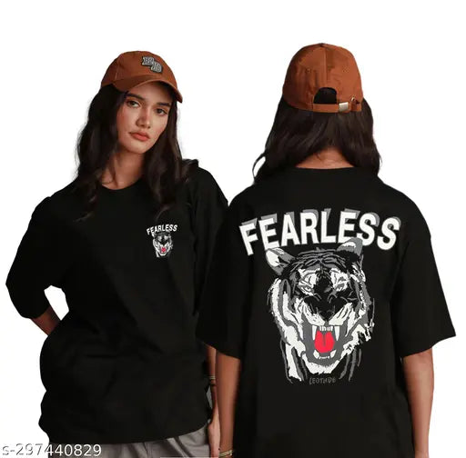 Oversized women's cotton blend half sleeve T-shirt with white graphic print