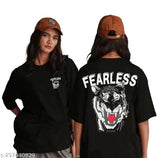 Oversized women's cotton blend half sleeve T-shirt with white graphic print