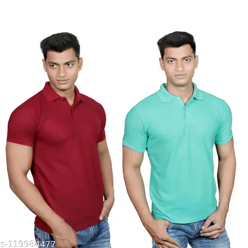 Mooseberry Men's Polo T-Shirt Polycotton Regular Fit Half Sleeve Without Pocket | Combo Pack of 2 | Maroon & Aqua Green