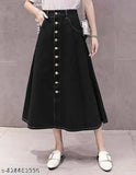 Black denim maxi A-line skirt, lightweight & breathable, trendy and fits all body types. Denim skirt for women with sizes from 26 to 46 inches. Made in India