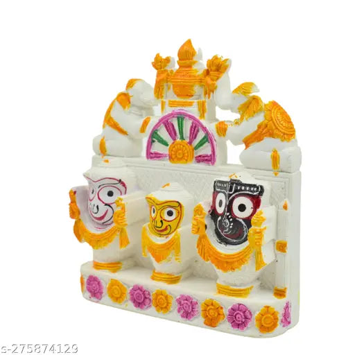 Marble sculpture of Lord Jagannath, Balaram, and Subhadra for spiritual home decor. Handcrafted Indian murti set of 11cm x 12.5cm x 2.5cm depicting Krishna avatar