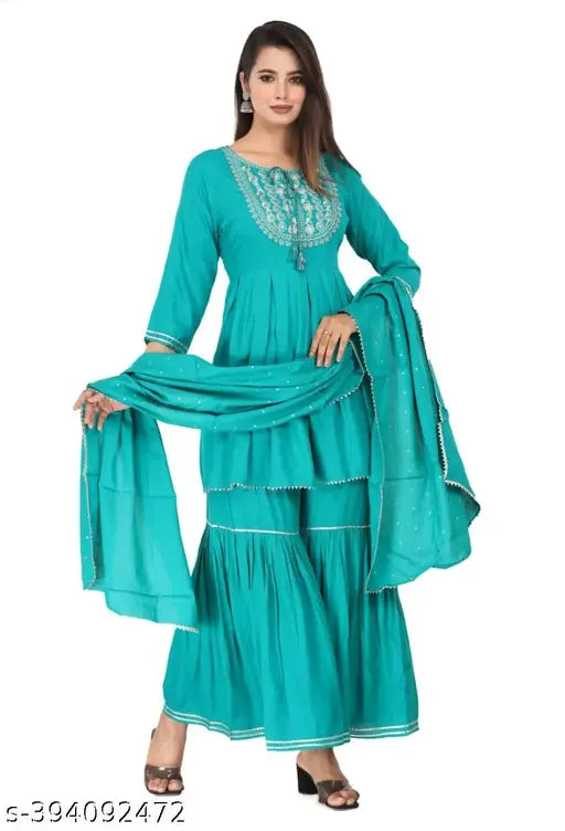 Sky blue rayon womens kurta with sharara and dupatta set