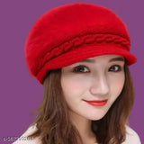 Red furry knit winter beanie cap hat for women with visor