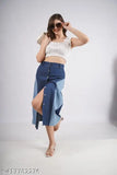Dark blue denim skirt with light side panel, belt loops, short sleeved top