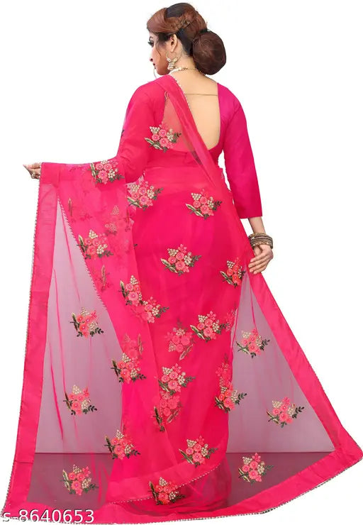 White and gold floral embroidery net saree with unstitched blouse piece, Indian party wear fashion