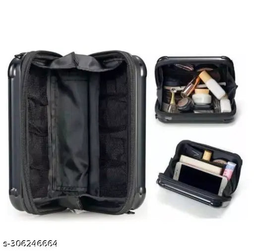 Black sling bag for women, with visible cosmetic items and makeup brushes