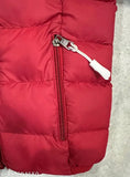 Red puffy kids winter jacket with zip closure and drawstring hood
