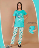 Women's long cotton nightsuit set, short sleeve pajama with printed pattern and side pockets, cozy sleepwear for summer