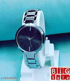 White and silver analog watch with black face