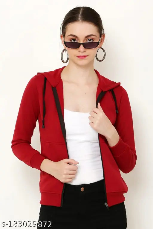 Solid fleece women's winter jacket, long sleeves, rapid dry technology, stylish design for workouts (hood included), made in India (S-XXL sizes)