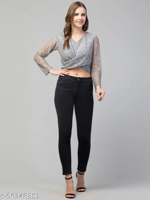 Long-sleeve embellished net tinsel bling top for women, sequin work, stretchable, party/casual wear, made in India