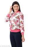 Floral print women's jacket, long-sleeve crepe with poly knit lining, ribbed highneck, cuffs, and hem, featuring front zipper enclosure and two inseam pockets. Made in India