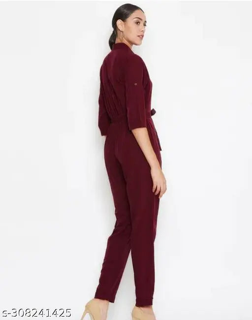 Black crepe button down roll-up jumpsuit with elastic waist, perfect for Indian body type