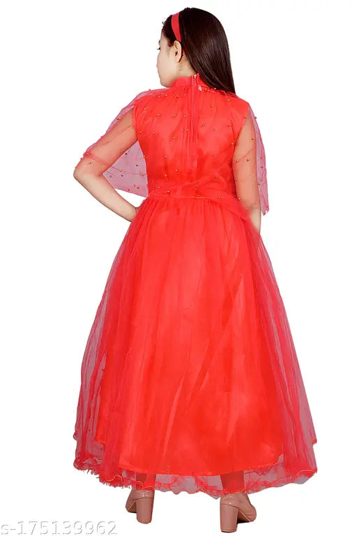 Red chiffon evening gown with high neck, long sleeves, and layered skirt