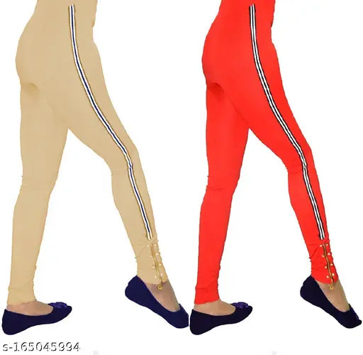 Beige and red polyester chain bottom jeggings combo pack, size options 28 & 30