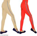 Beige and red polyester chain bottom jeggings combo pack, size options 28 & 30