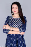 Blue plus size Anarkali kurti with mirrorwork, rayon, three-quarter sleeves, printed combo. Large Indian women's fashion on mannequin