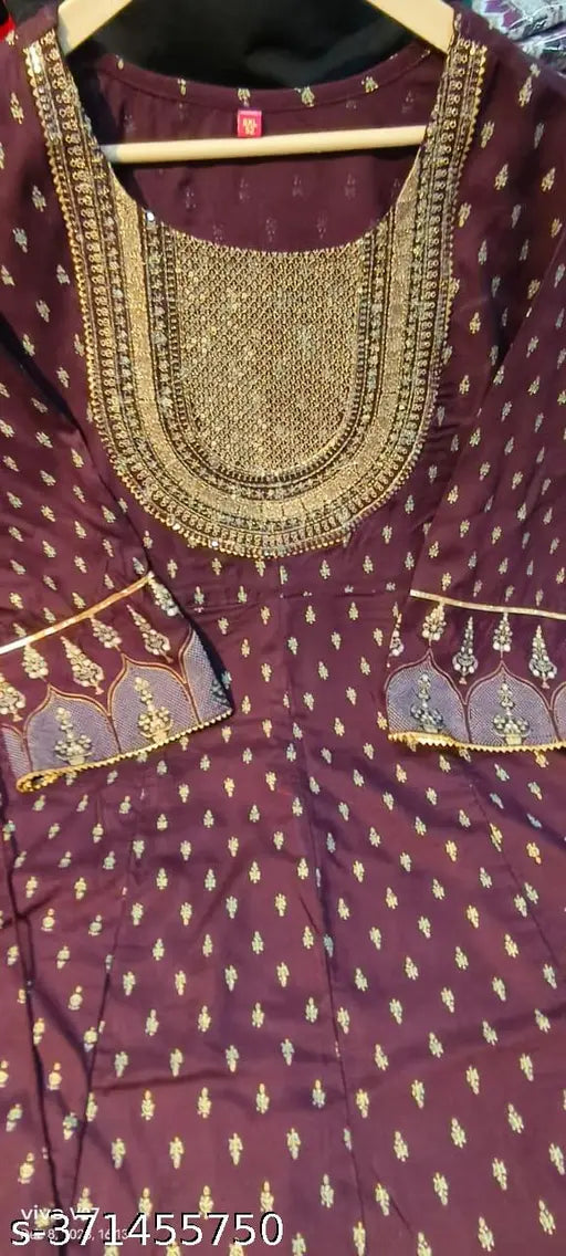 Gold Foil printed Maroon Anarkali kurti, rayon fabric with three-quarter sleeves and printed combo on display rack