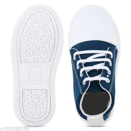 Denim sneaker, white sole with blue laces, kids' shoe, casual style