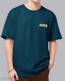 Navy blue cotton blend men's printed round t-shirt, short sleeves with back print design