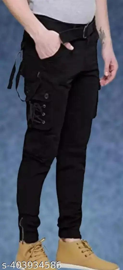 Men's black cotton blend cargo jeans by FIOK, solid design, size 28/30/32/34 with a waist size of 28in/30in/32in/34in and length size/hip size of 41in/32in/34in/38in respectively. Made in India