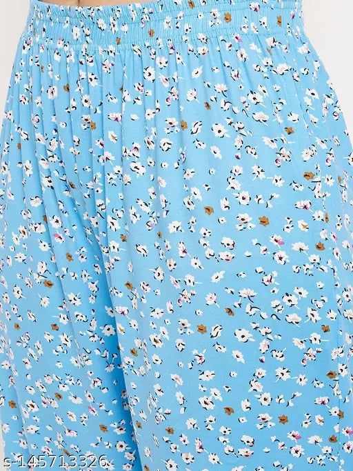 Viscose printed short sleeve top & pyjama pants set, soft and comfortable high waist pajamas in round collarless design, ideal for casual wear, homewear, sleepwear, or yoga. Indian origin