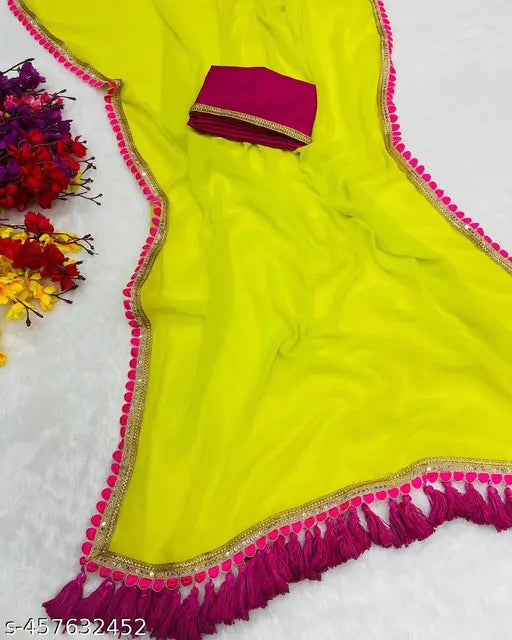Yellow and pink georgette saree with embroidery, blouse piece
