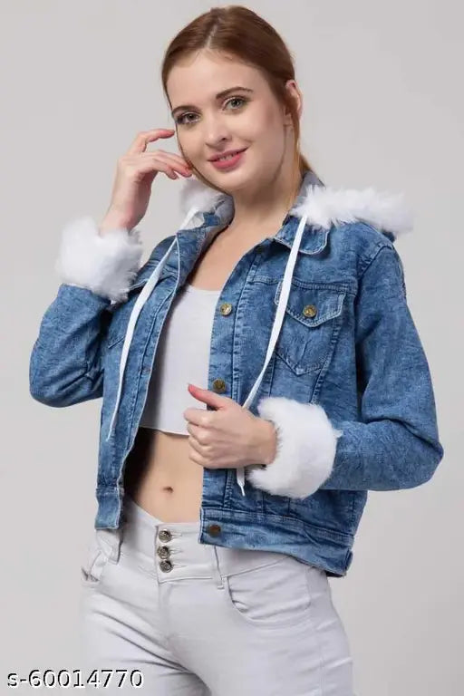 Denim full sleeve embellished women's hoodie jacket, solid pattern, XS-L sizes available