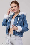 Denim full sleeve embellished women's hoodie jacket, solid pattern, XS-L sizes available