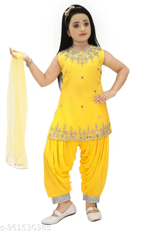 Yellow Georgette Kurta Patiyala with dupatta, embellished, sleeveless, handcrafted with stone and mirror work. Quality checked, perfect for ethnic wear for girls aged 8-10 years old. Made in India