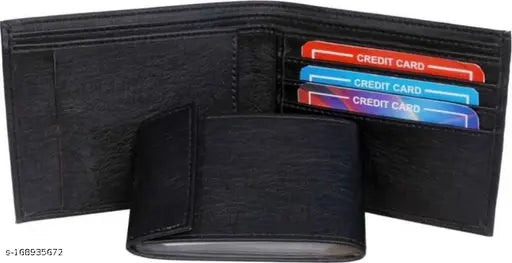 Black PU men's wallet with 2 compartments, premium quality genuine leather, durable cloth lining" This alt text focuses on the product type (wallet), material (PU and genuine leather), color (black), and number of compartments. The SEO keywords 'men's', 'premium quality', and 'genuine leather' are included to make it more optimized for search engines